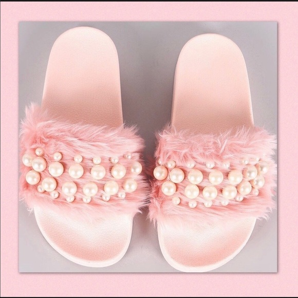 PEARL FURRY PINK EMBELLISHED SLIDE - Picture 2 of 6